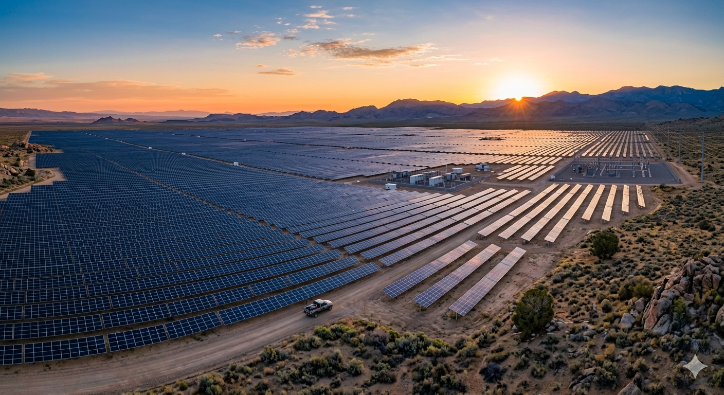 Aerial view of a large solar plant at sunset